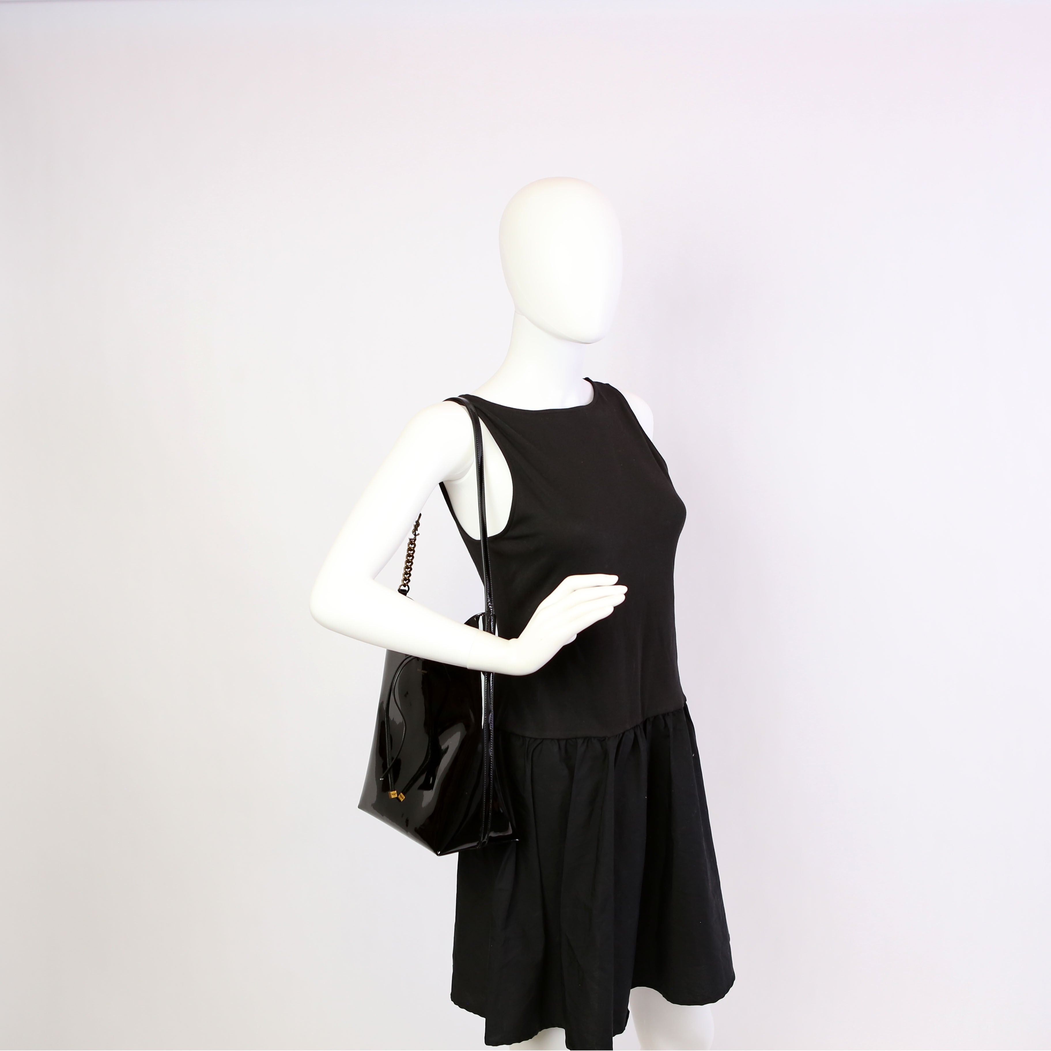 SAINT LAURENT Rendez-Vous Patent Calfskin Hobo Black