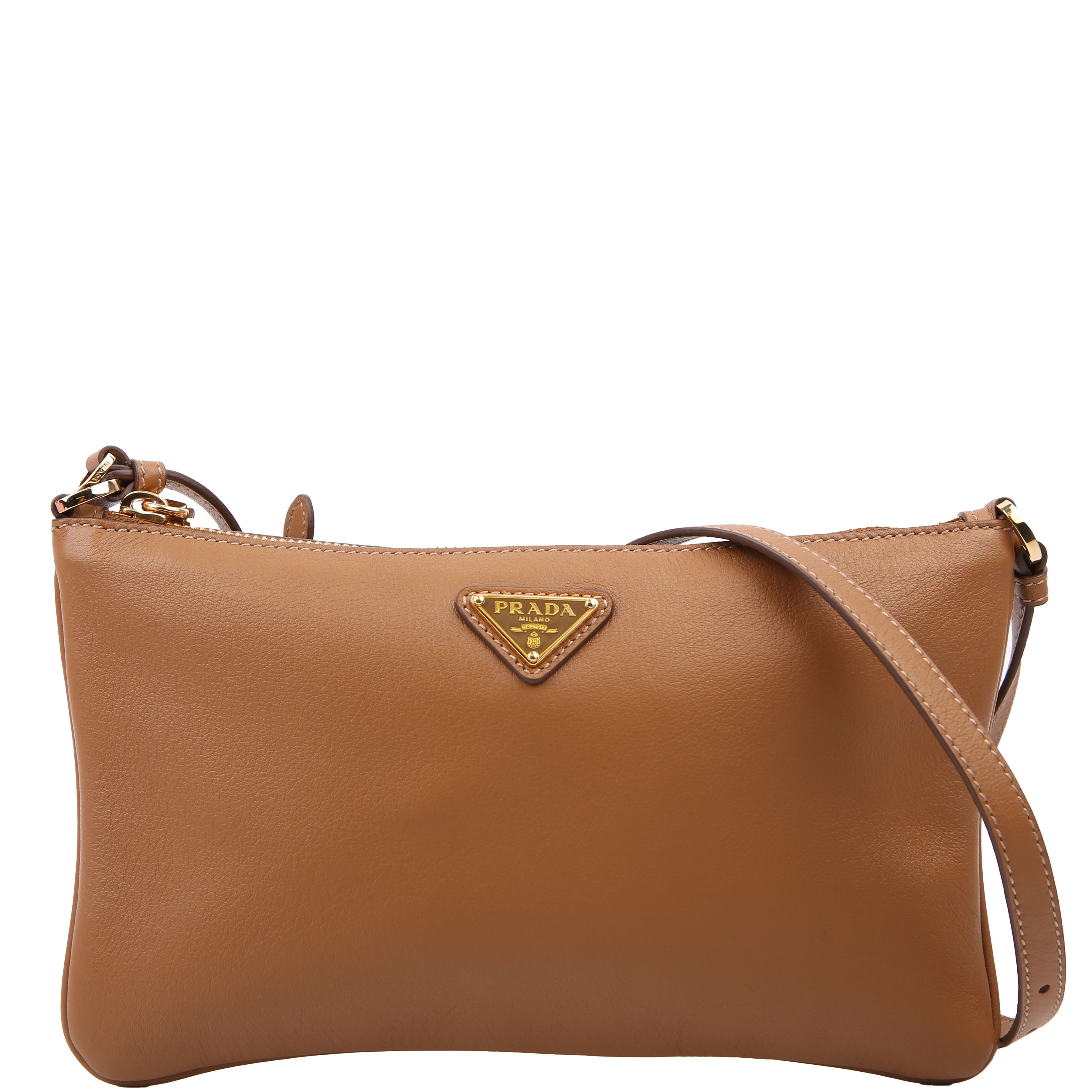 Prada 1BC238 Triangle Logo Calfskin Pouch On Strap Brown