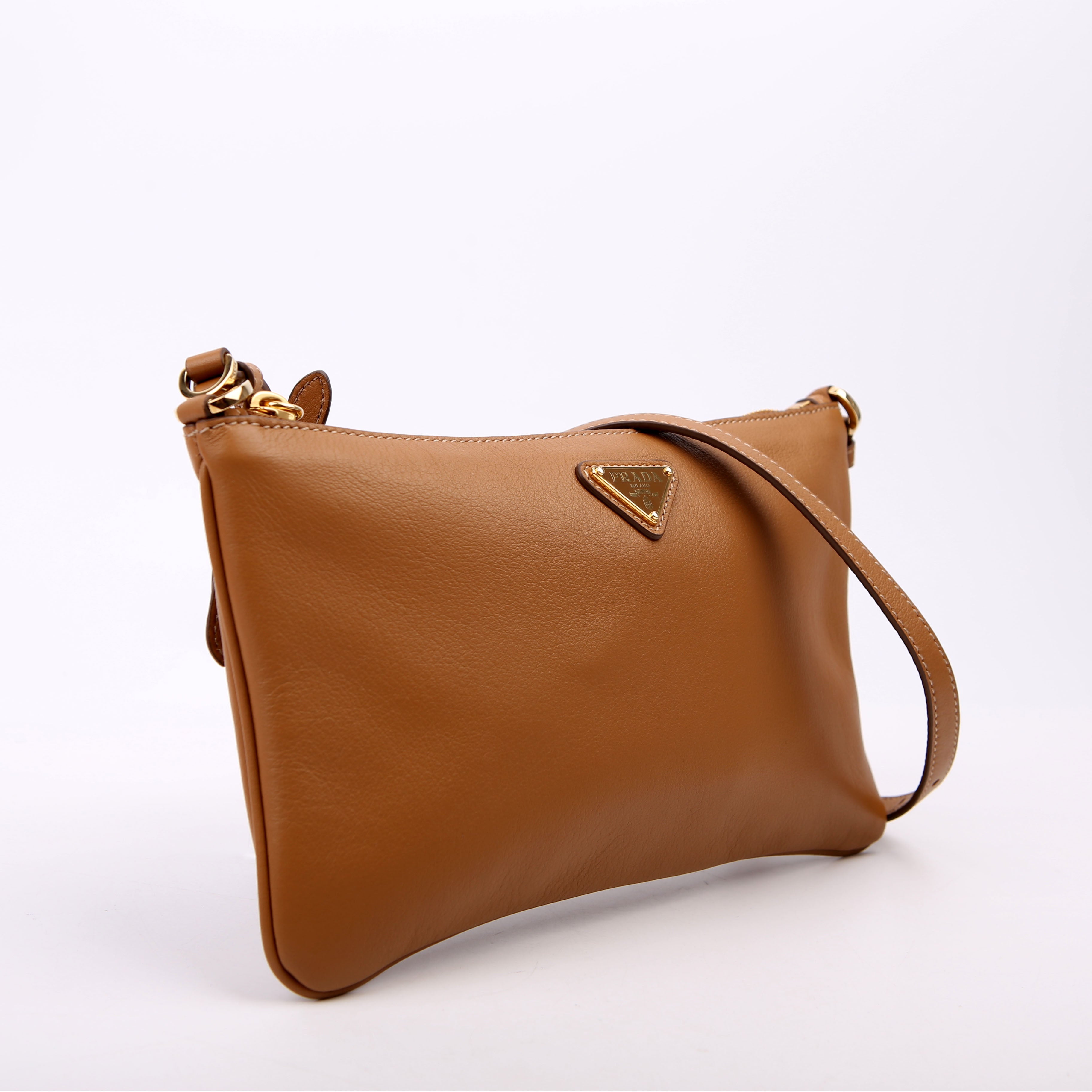 Prada 1BC238 Triangle Logo Calfskin Pouch On Strap Brown