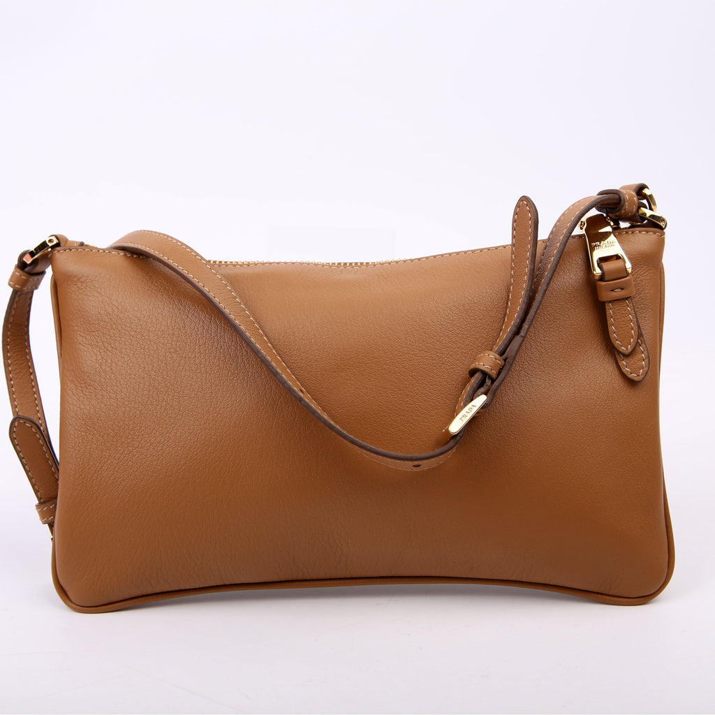 Prada 1BC238 Triangle Logo Calfskin Pouch On Strap Brown