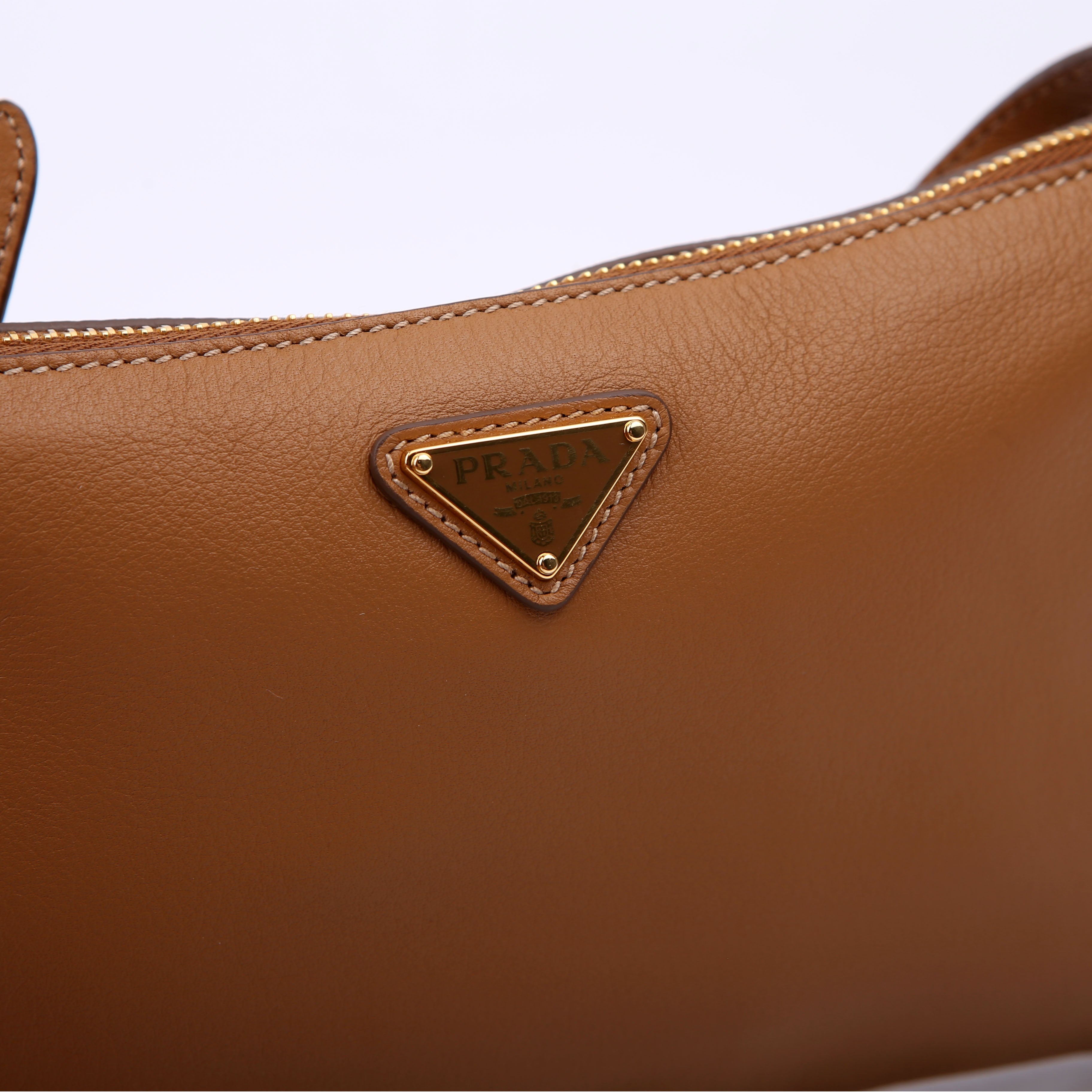 Prada 1BC238 Triangle Logo Calfskin Pouch On Strap Brown
