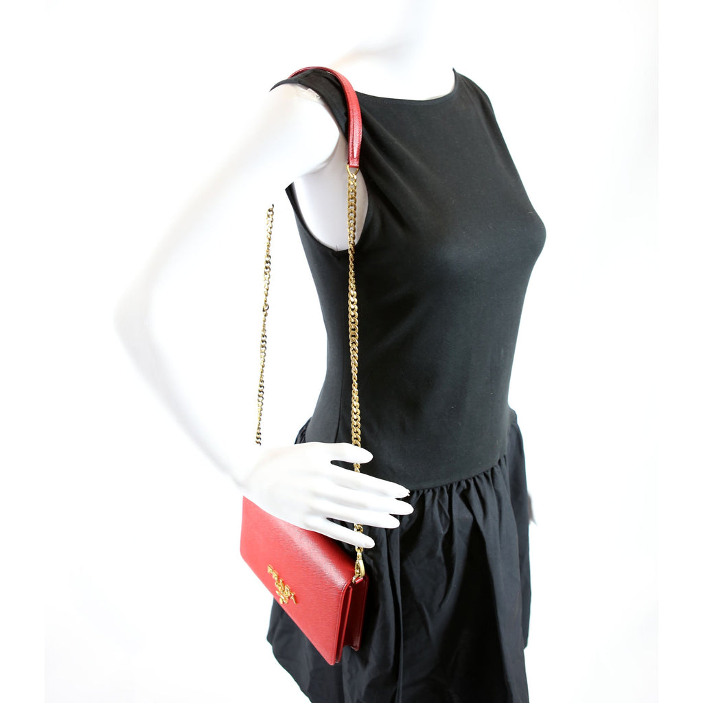 1BP018 Saffiano Lux Mini Chain Bag Red