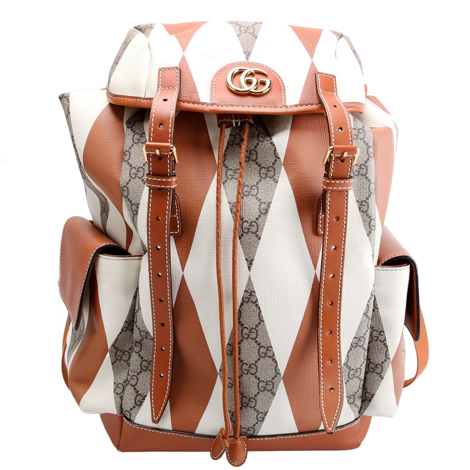 598140 Ophidia Leather Double Buckle Rhombus Print Backpack Medium