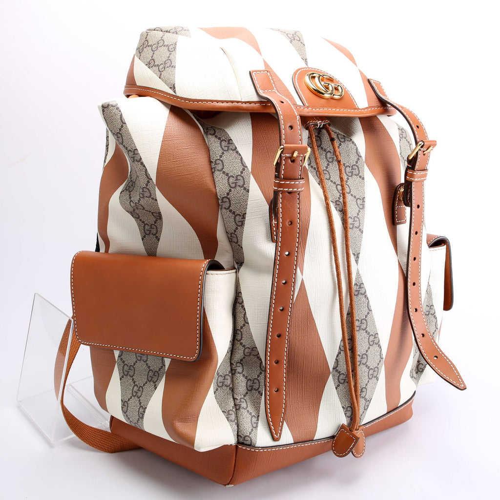 598140 Ophidia Leather Double Buckle Rhombus Print Backpack Medium