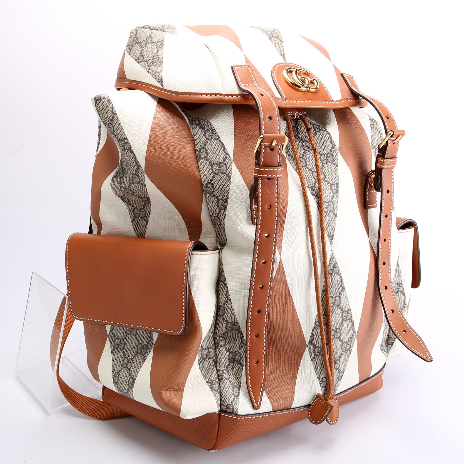 598140 Ophidia Leather Double Buckle Rhombus Print Backpack Medium