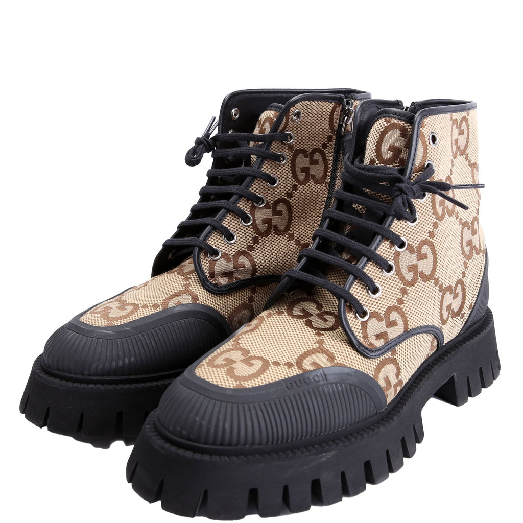 Maxi GG Canvas Lace Up Combat Boots Men's Size 8 Tan/Black
