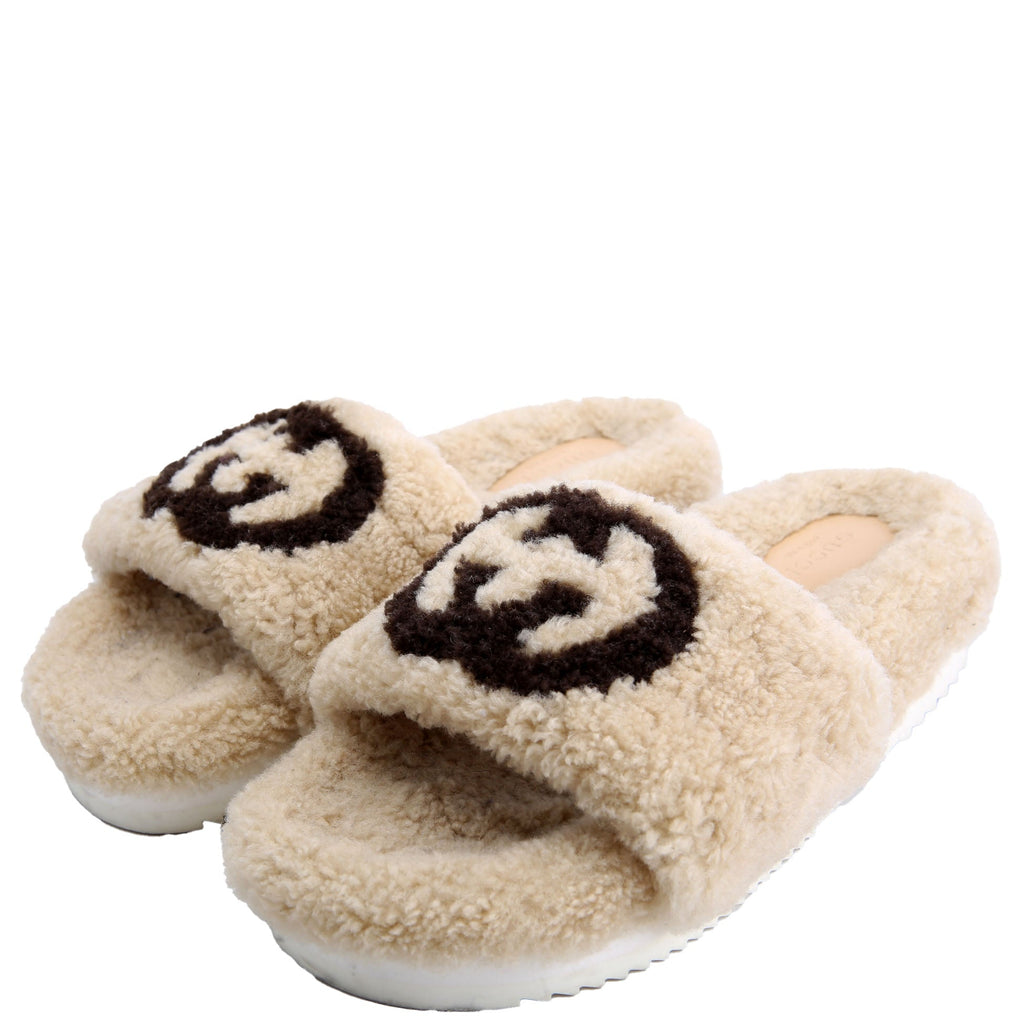 GG Shearling Slides Size 37 Beige/Black