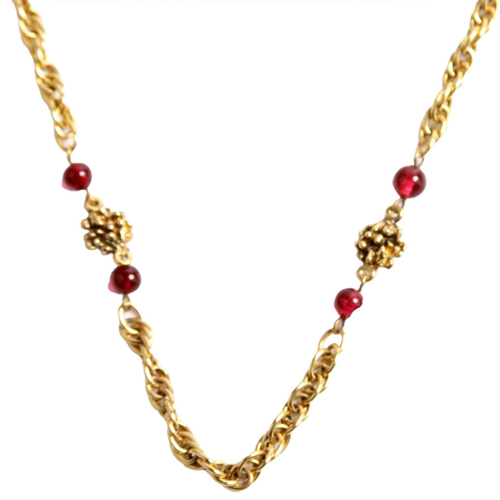 Chain Glass Bead Vintage Necklace Gold/Red