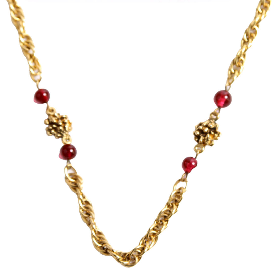 Chain Glass Bead Vintage Necklace Gold/Red