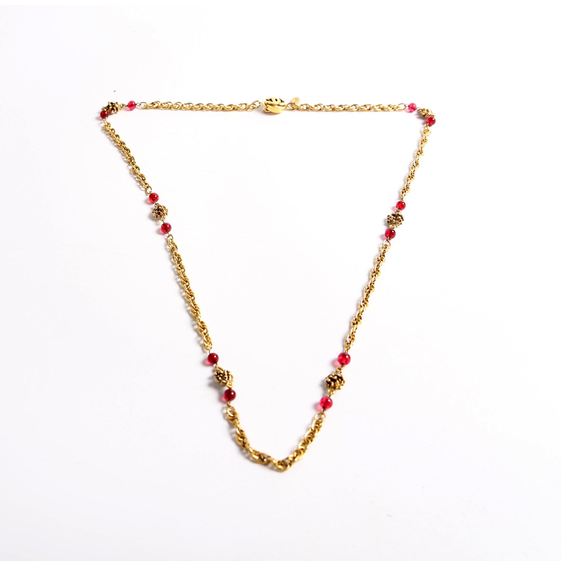 Chain Glass Bead Vintage Necklace Gold/Red