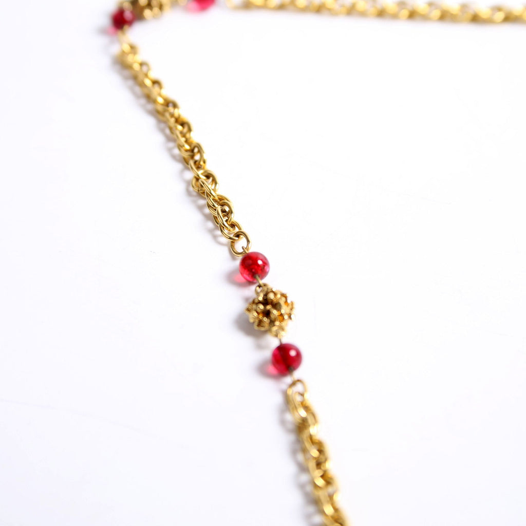 Chain Glass Bead Vintage Necklace Gold/Red