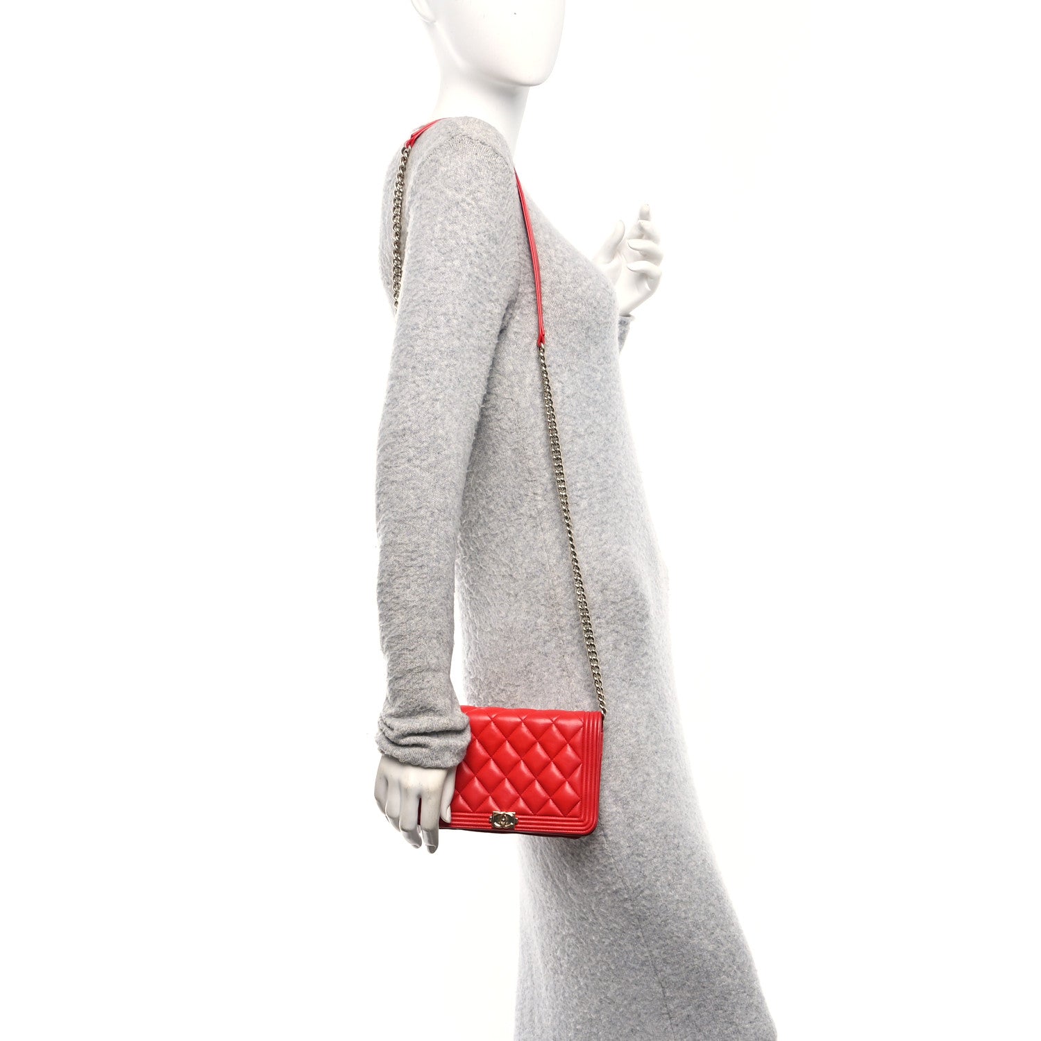 Chanel Lambskin Quilted Boy Wallet On Chain WOC Red