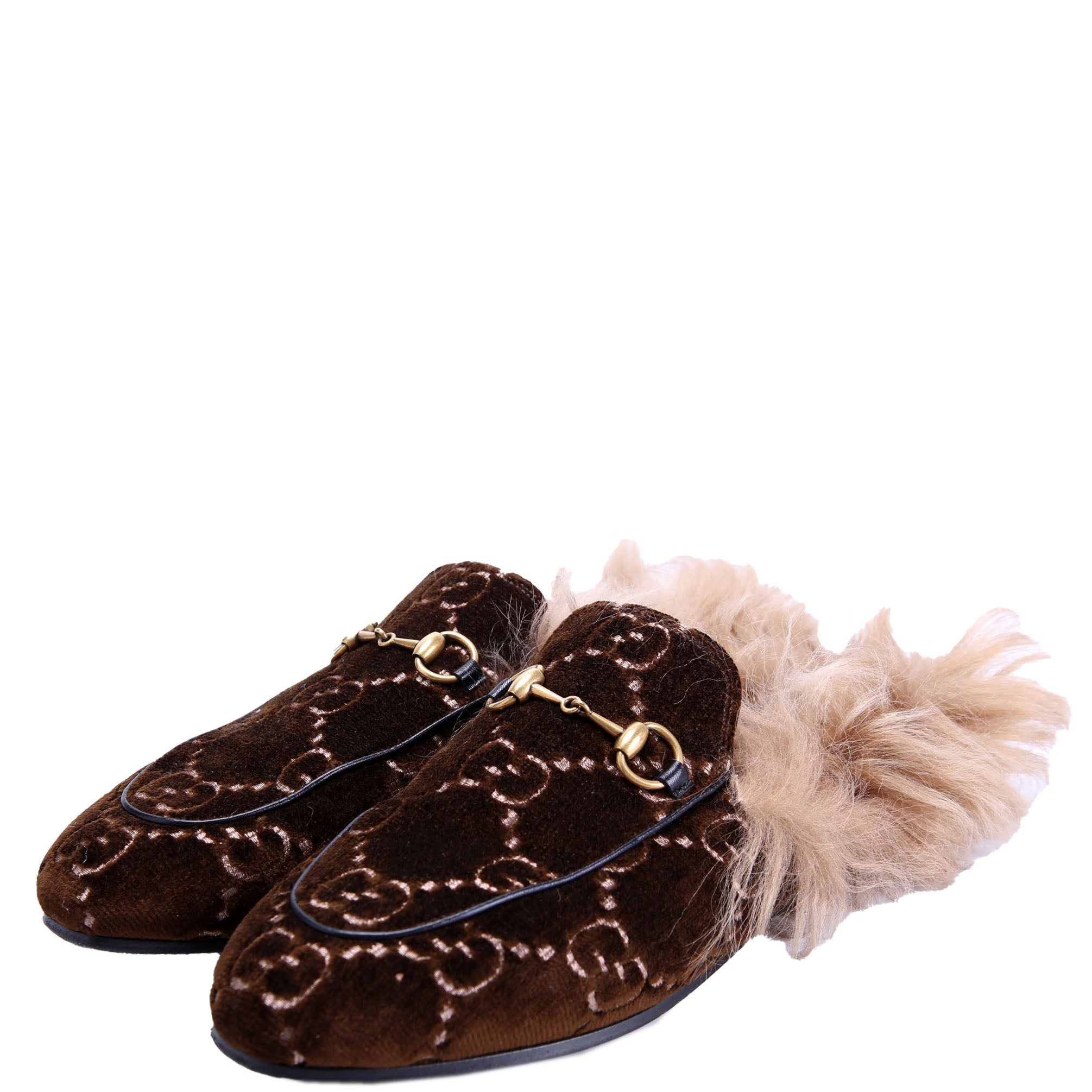 GG Velvet Fur Princetown Mules Size 38.5 Brown