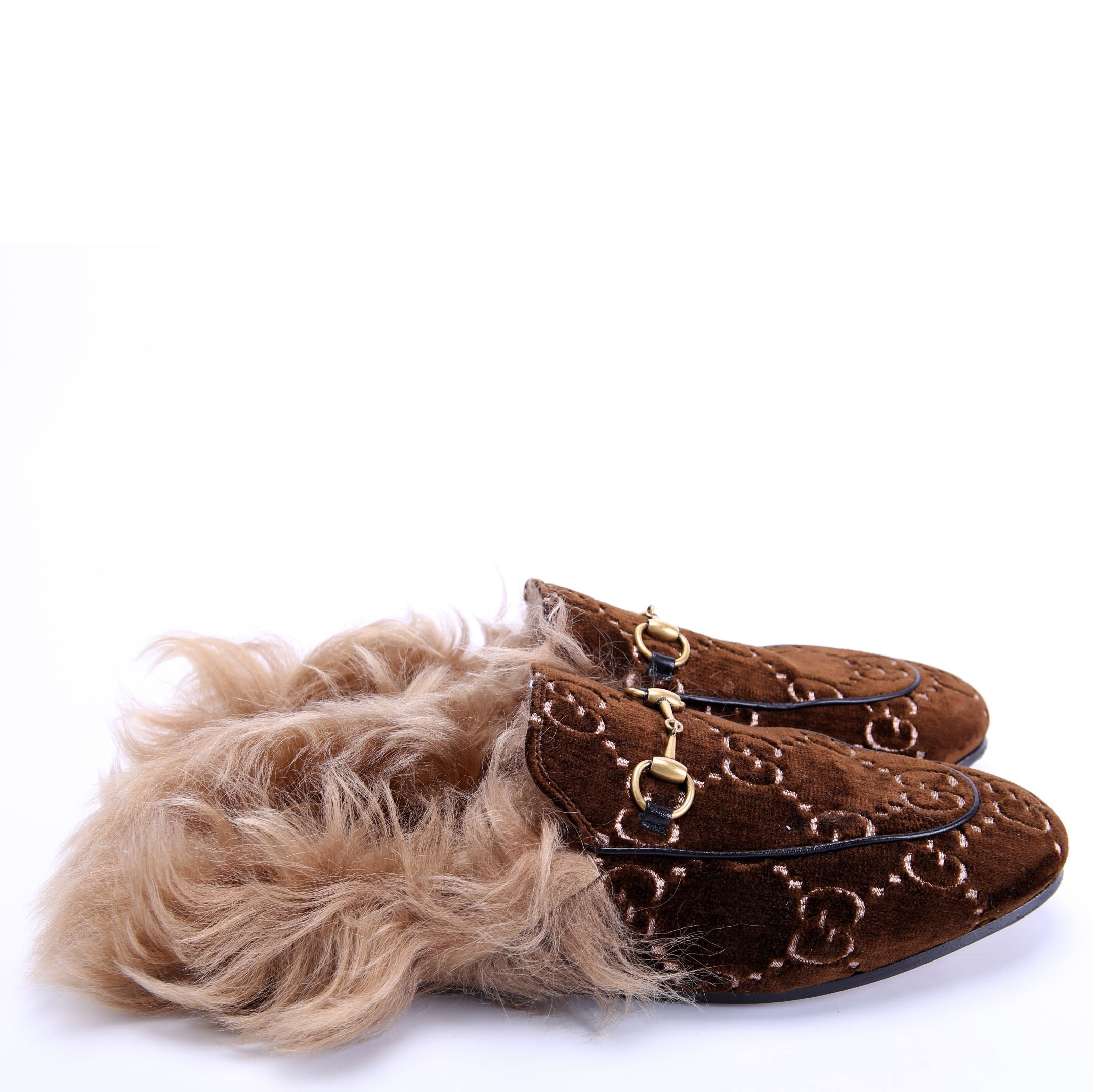 GG Velvet Fur Princetown Mules Size 38.5 Brown