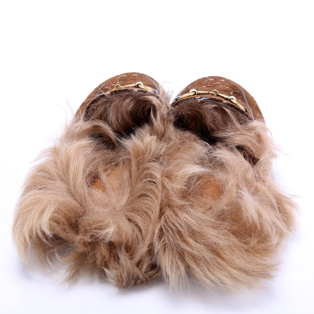 GG Velvet Fur Princetown Mules Size 38.5 Brown