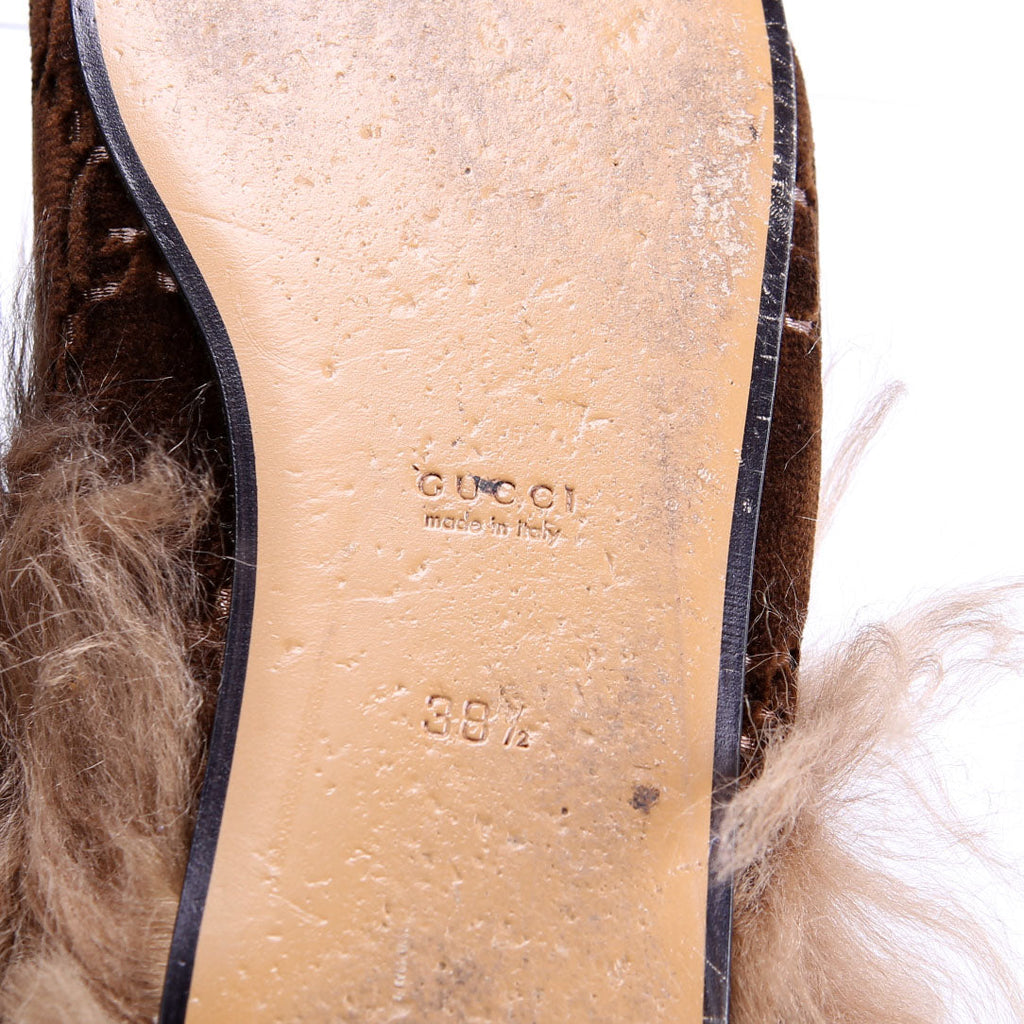 GG Velvet Fur Princetown Mules Size 38.5 Brown
