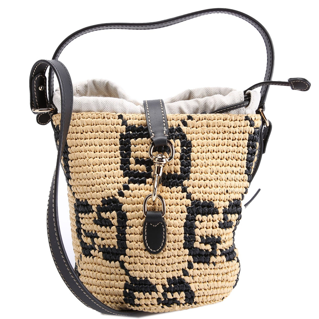 816284 GG Woven Raffia Mini Bucket Bag Tan/Black