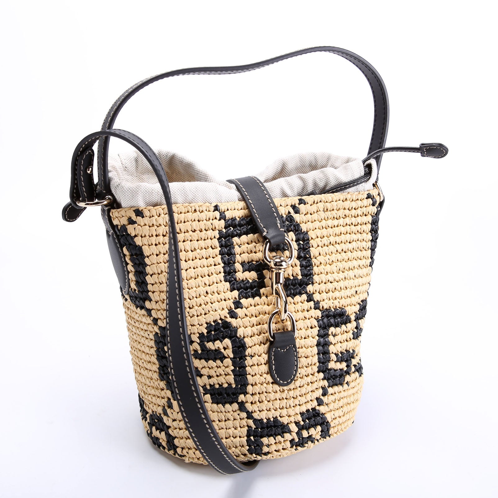 816284 GG Woven Raffia Mini Bucket Bag Tan/Black