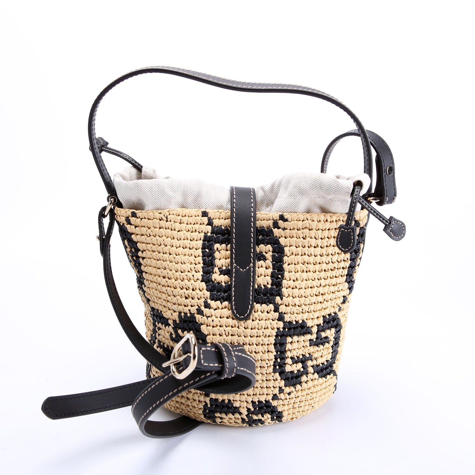 816284 GG Woven Raffia Mini Bucket Bag Tan/Black
