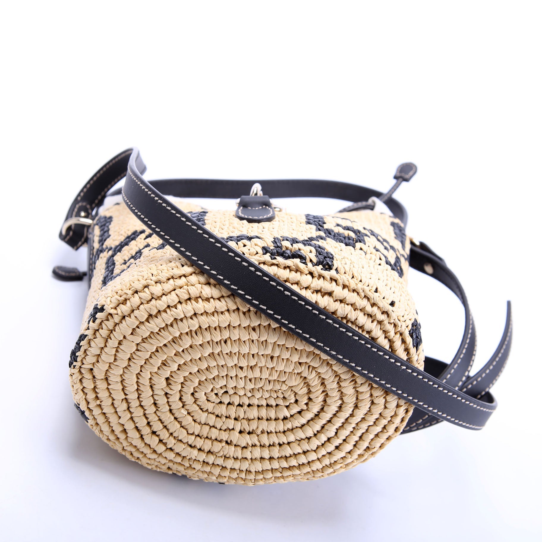 816284 GG Woven Raffia Mini Bucket Bag Tan/Black