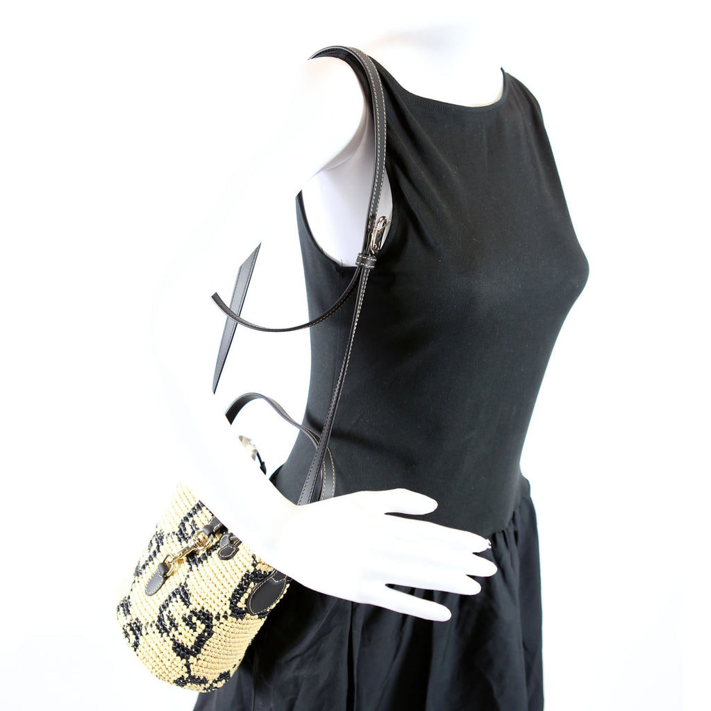 816284 GG Woven Raffia Mini Bucket Bag Tan/Black