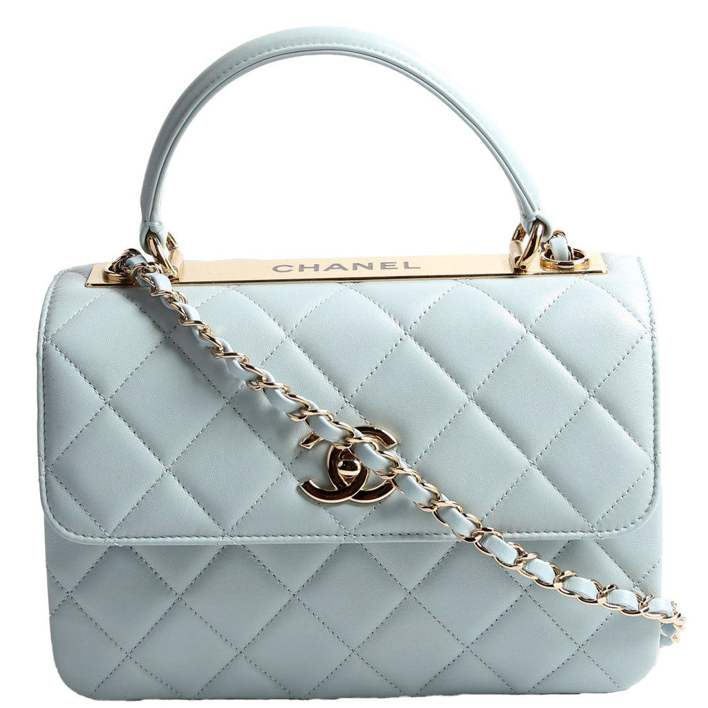 Trendy CC Quilted Lambskin Dual Handle Small RFID Light Blue