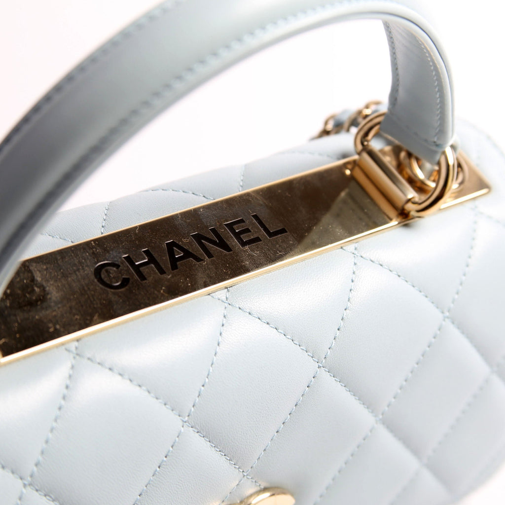 Trendy CC Quilted Lambskin Dual Handle Small RFID Light Blue