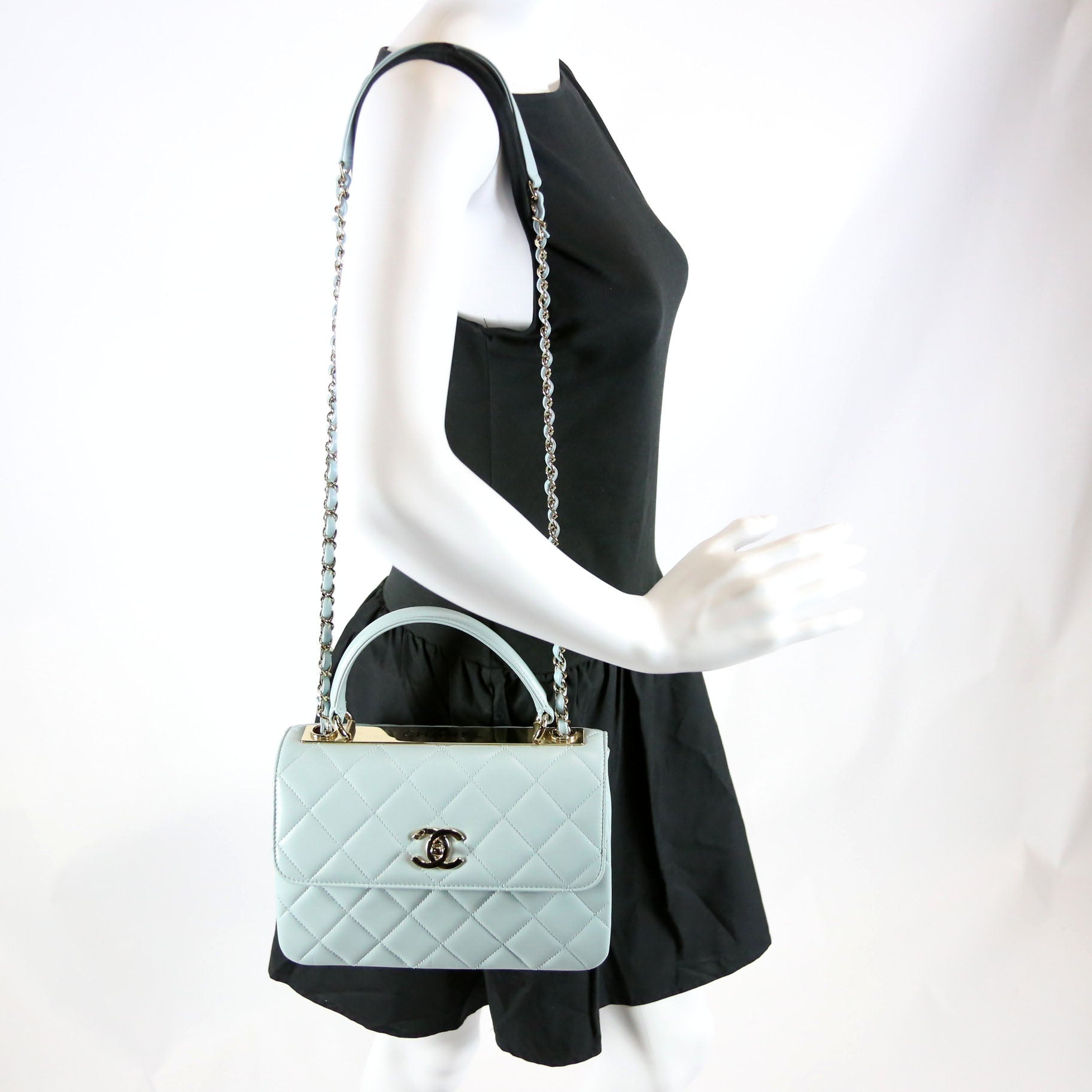 Trendy CC Quilted Lambskin Dual Handle Small RFID Light Blue