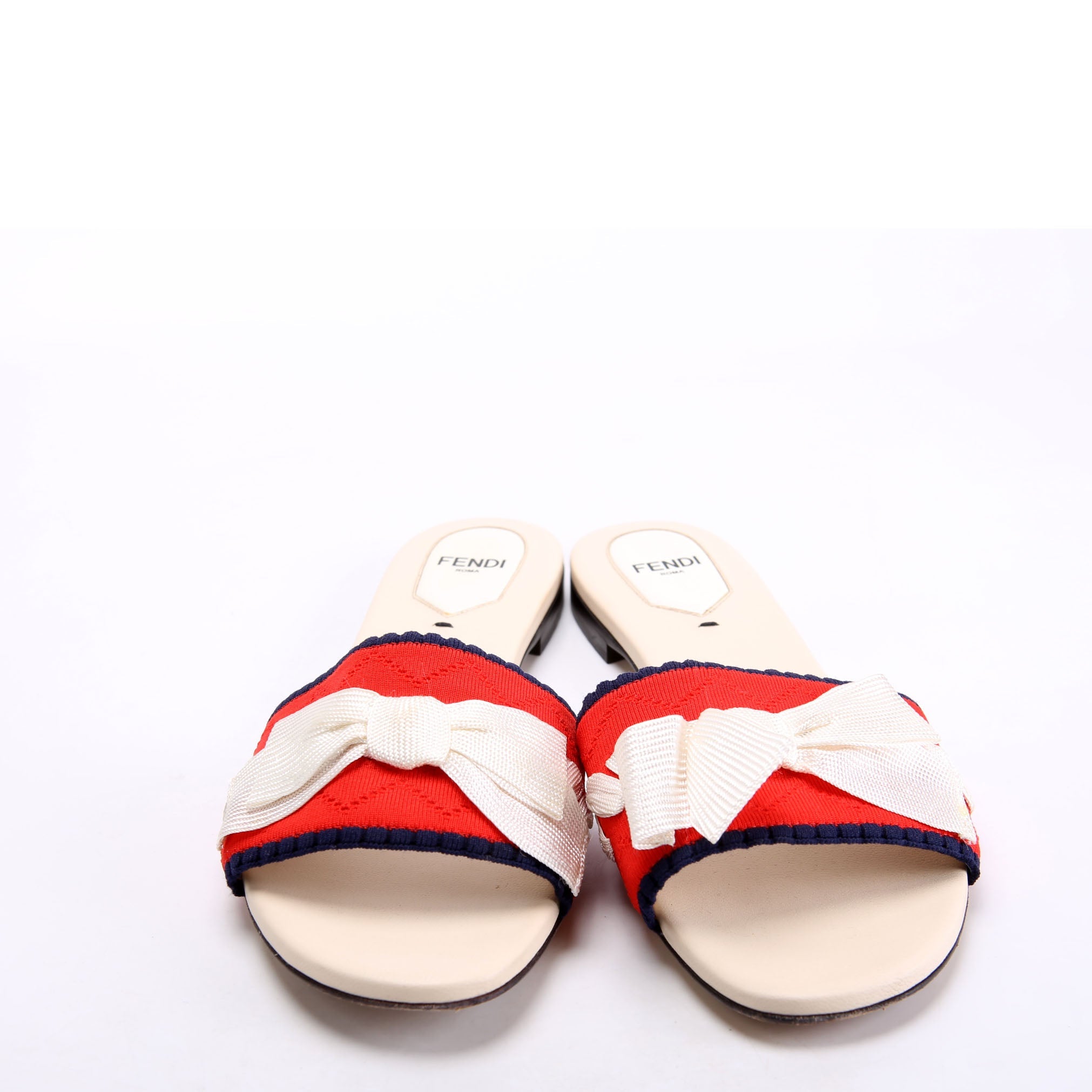 Knit Bow Embellished Flats Size 37.5 Red/Navy