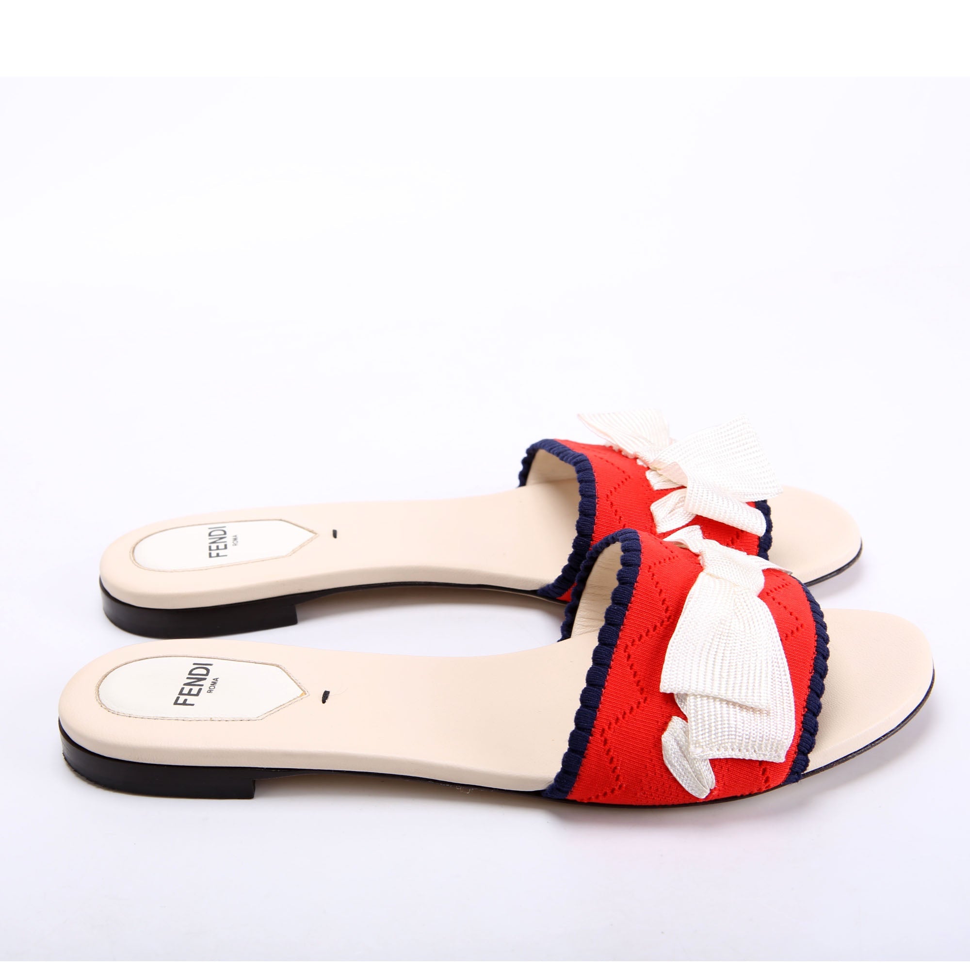 Knit Bow Embellished Flats Size 37.5 Red/Navy