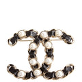 CC Pearl/Lambskin Brooch Gold/Black