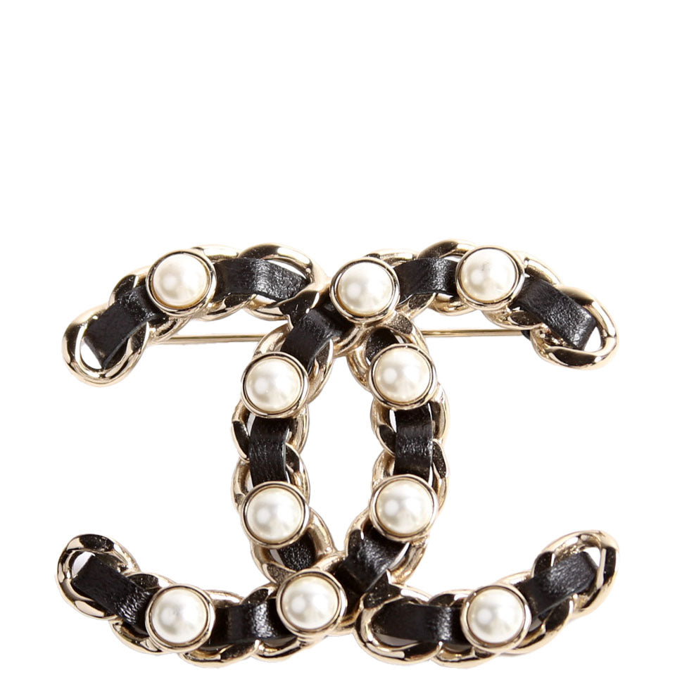 CC Pearl/Lambskin Brooch Gold/Black