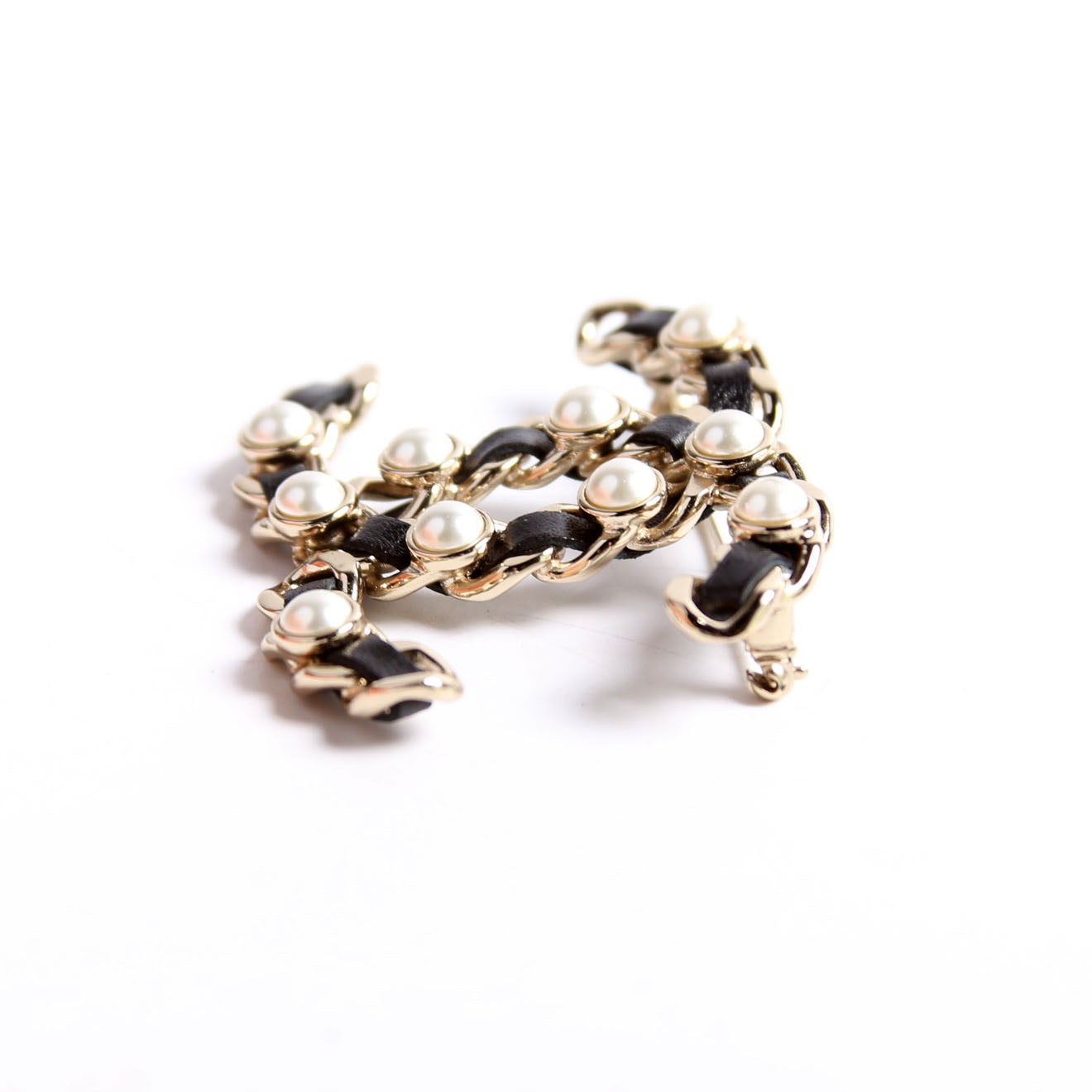 CC Pearl/Lambskin Brooch Gold/Black