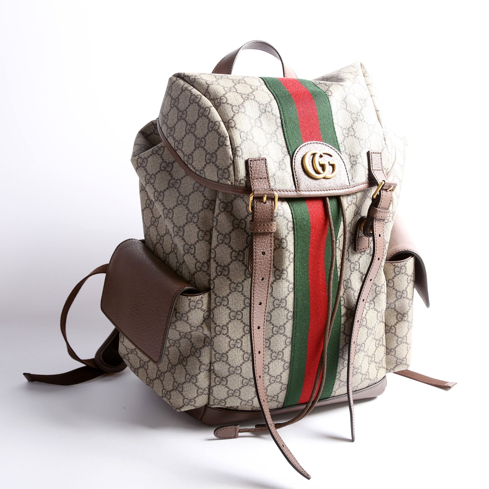 598140 Ophidia Leather Double Buckle Backpack Medium Brown