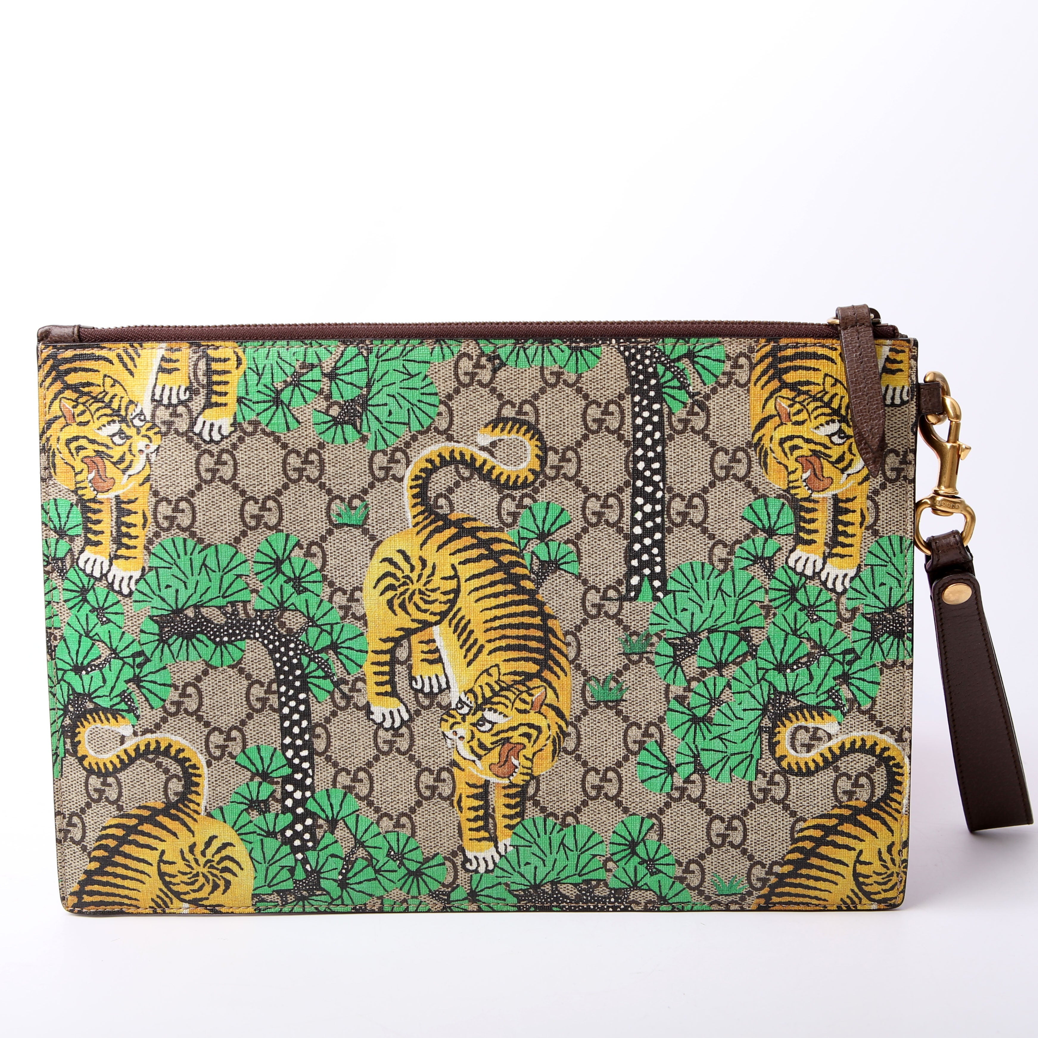 451473 GG Supreme Bengal Wristlet Green/Yellow