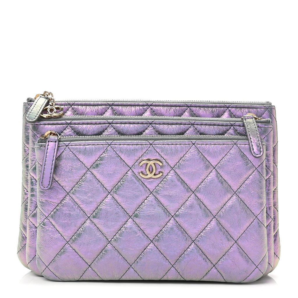 Iridescent Crumpled Calfskin Trio Cosmetic Case Purple