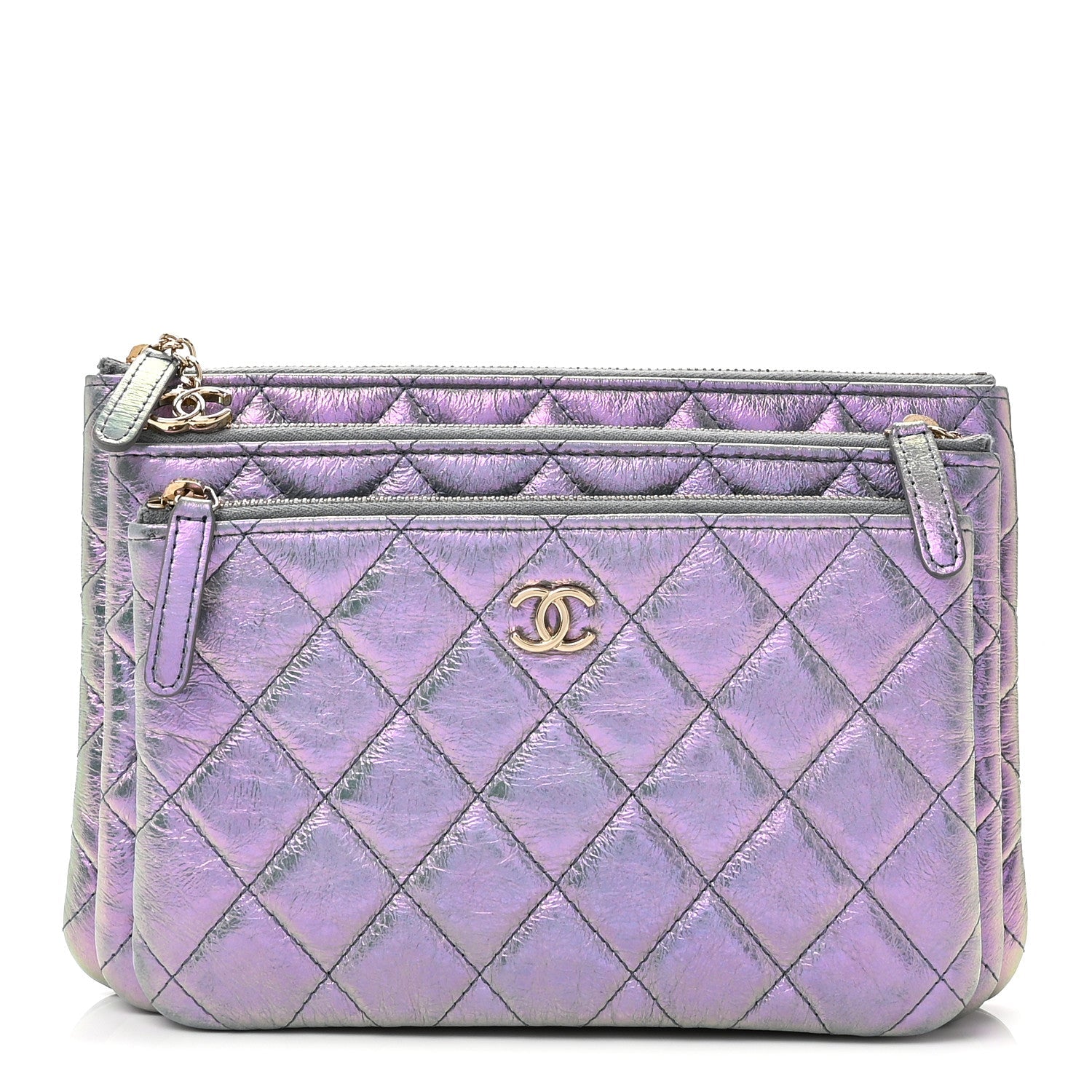 Iridescent Crumpled Calfskin Trio Cosmetic Case Purple