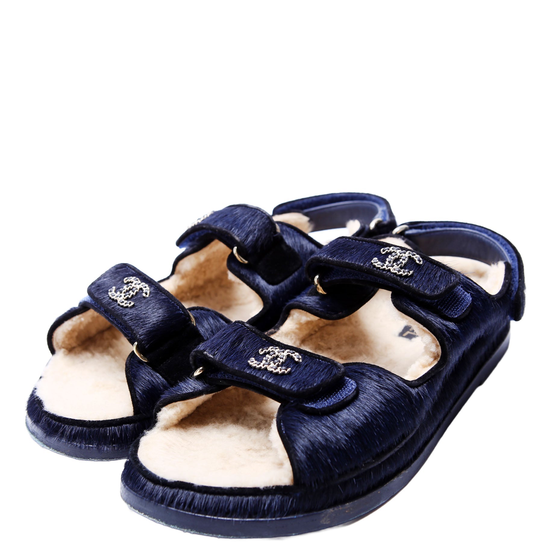 CC Dad Sandals Calfskin Hair/Shearling Size 40 Navy/Black