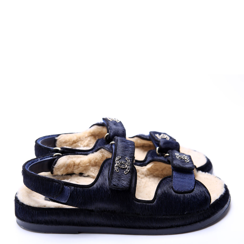 CC Dad Sandals Calfskin Hair/Shearling Size 40 Navy/Black