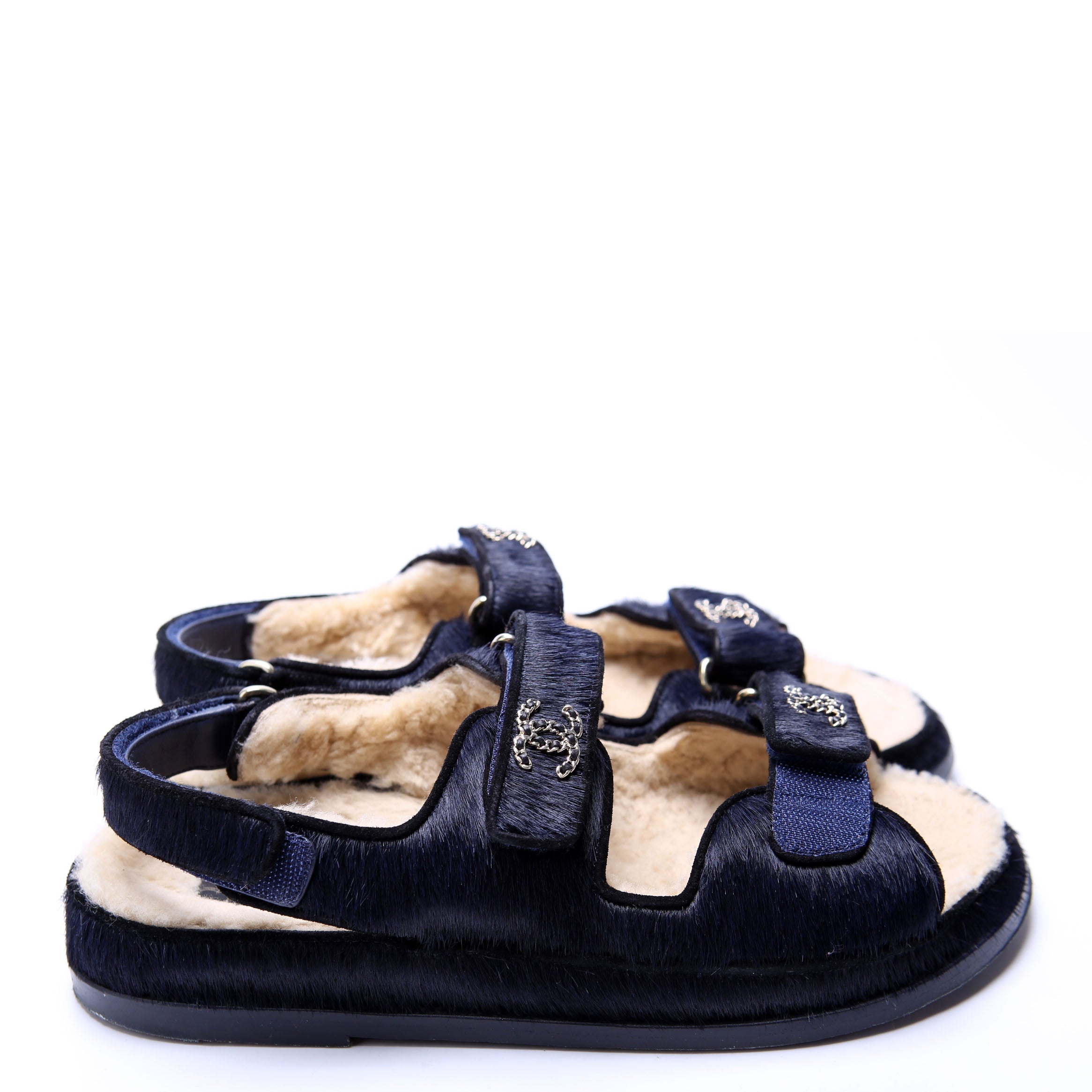 CC Dad Sandals Calfskin Hair/Shearling Size 40 Navy/Black