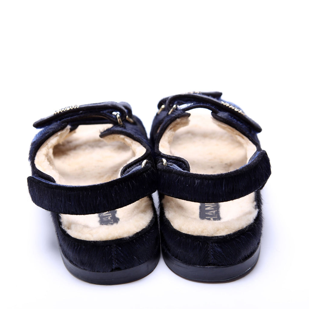 CC Dad Sandals Calfskin Hair/Shearling Size 40 Navy/Black