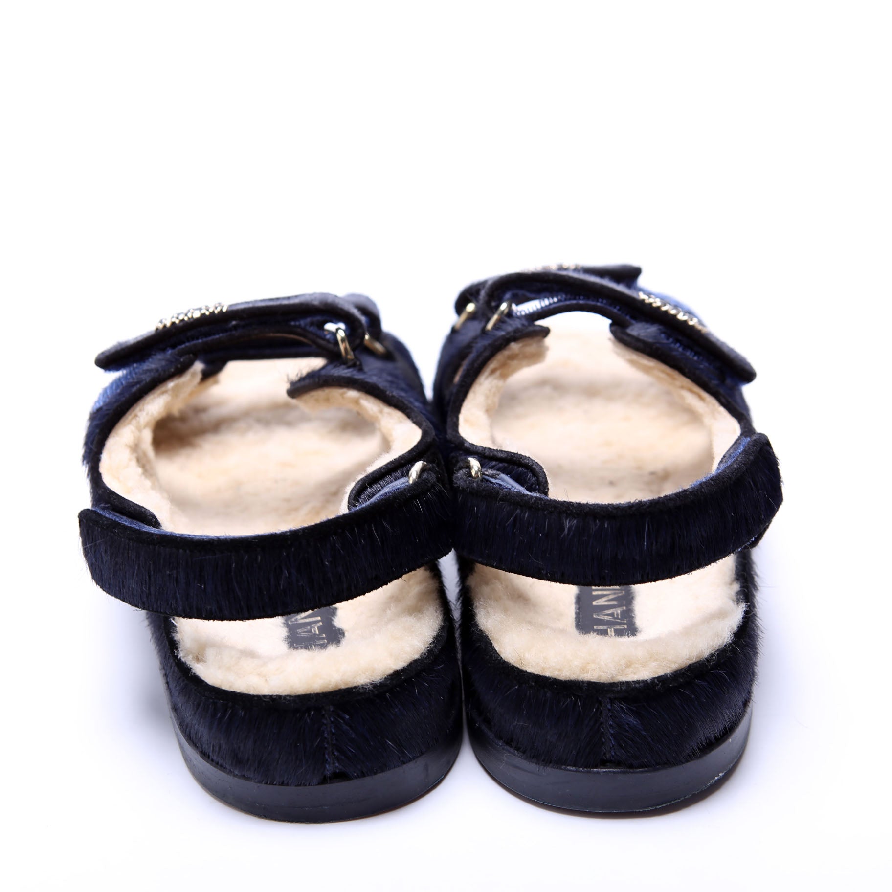 CC Dad Sandals Calfskin Hair/Shearling Size 40 Navy/Black