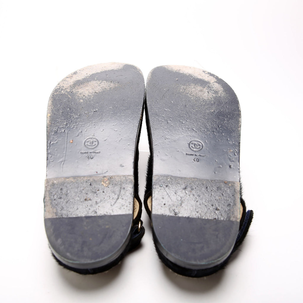 CC Dad Sandals Calfskin Hair/Shearling Size 40 Navy/Black