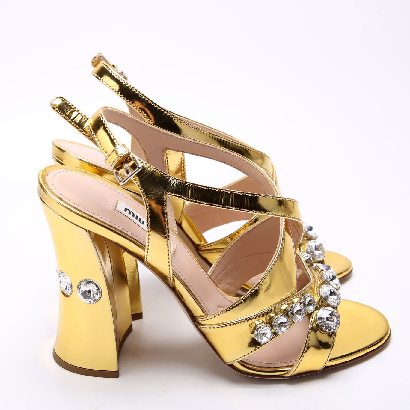 Crystal Embellished Block Heel Sandals Size 37 Gold