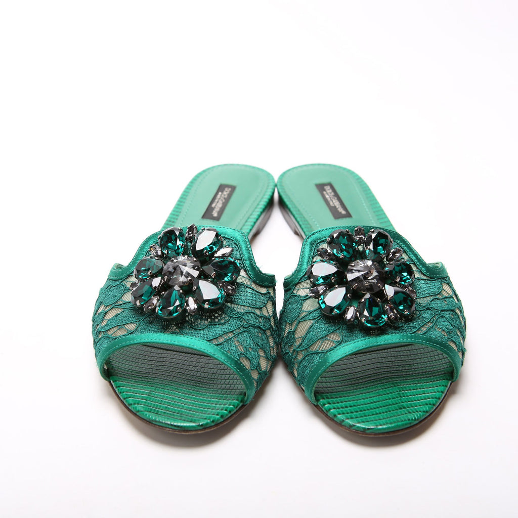 Bianca Lace Crystal Flats Size 37.5 Green