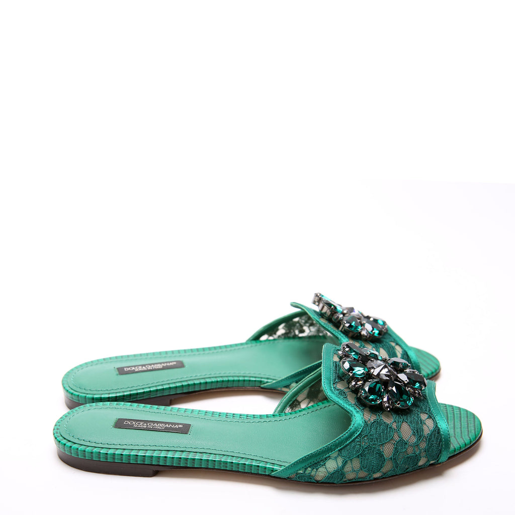 Bianca Lace Crystal Flats Size 37.5 Green