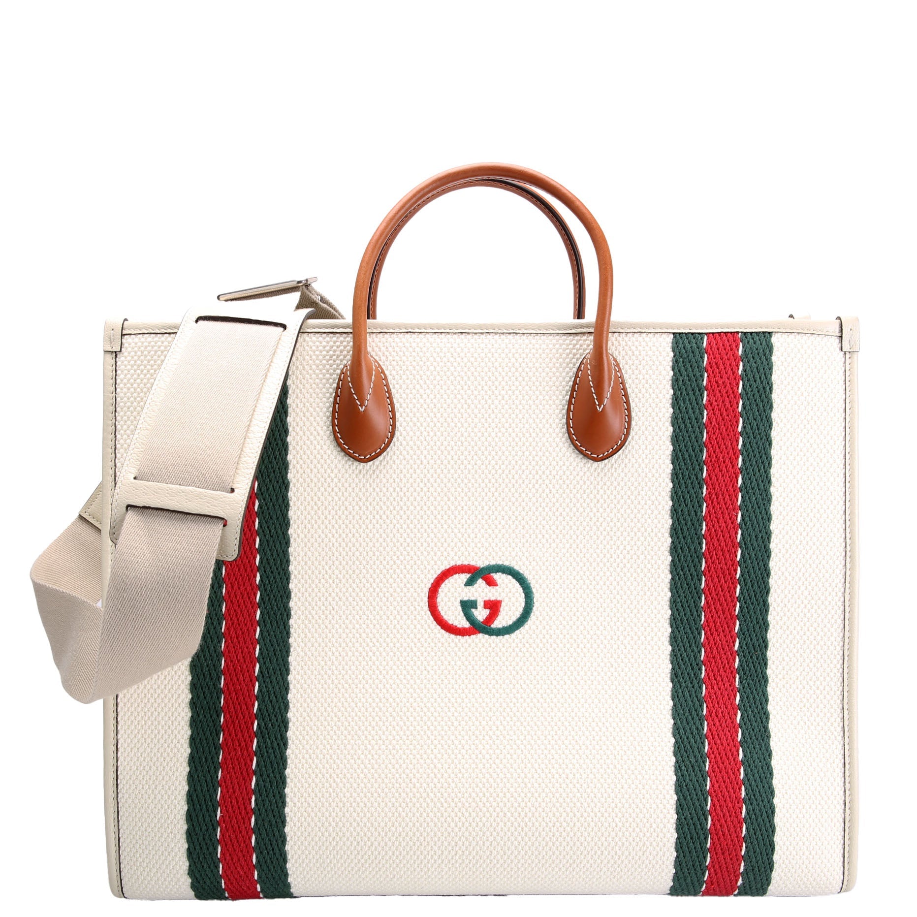 Gucci 701733 Interlocking G Web Canvas Tote White