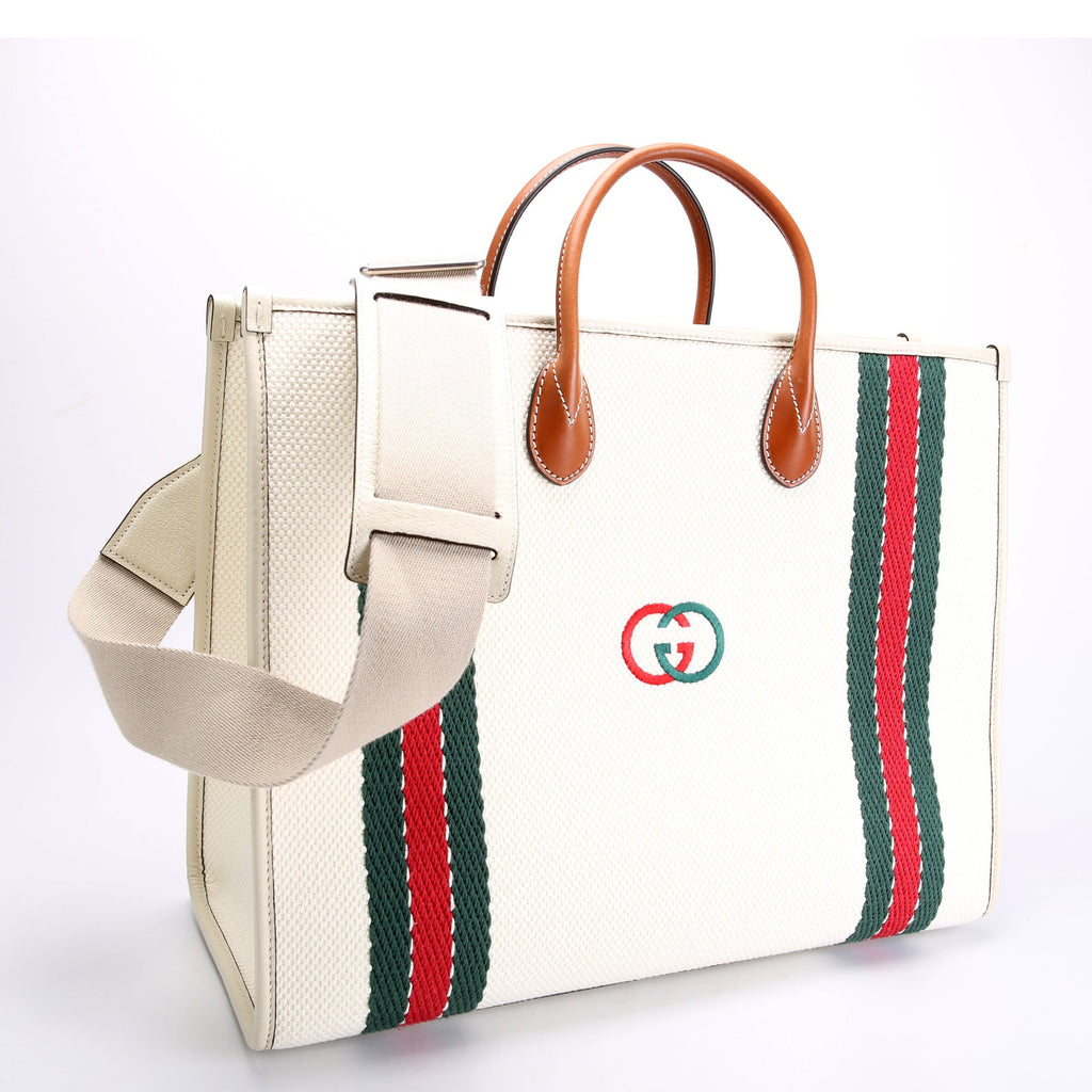 Gucci 701733 Interlocking G Web Canvas Tote White