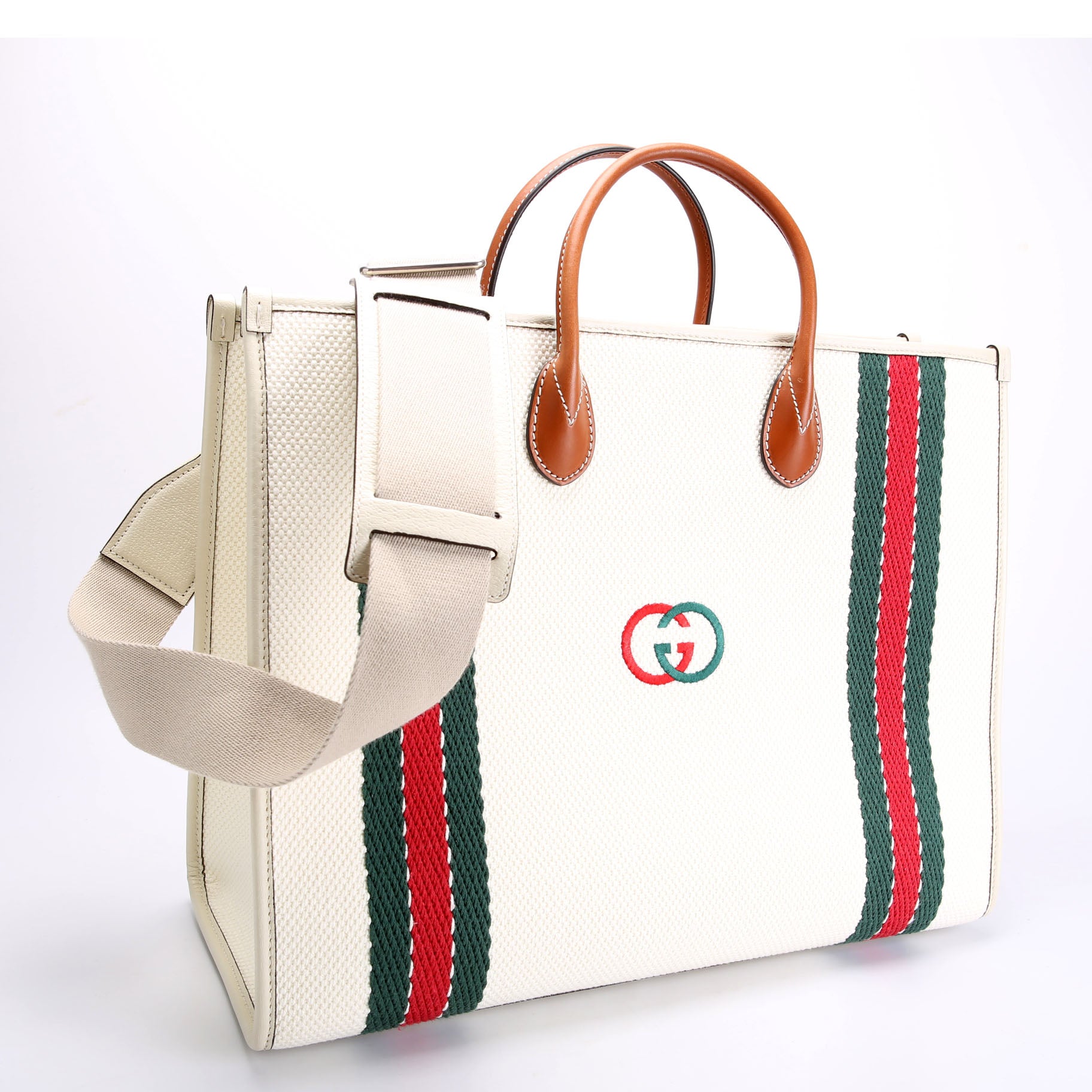 Gucci 701733 Interlocking G Web Canvas Tote White