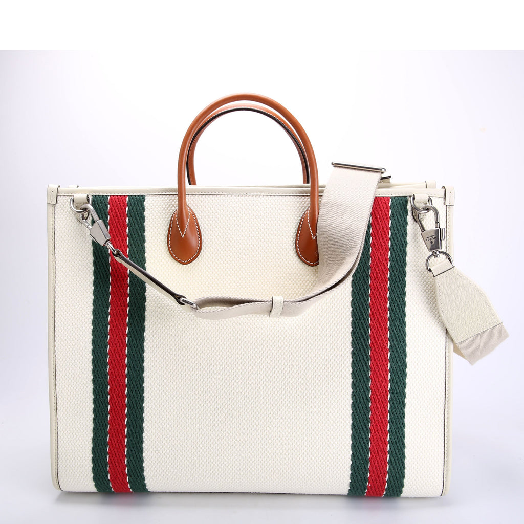 Gucci 701733 Interlocking G Web Canvas Tote White